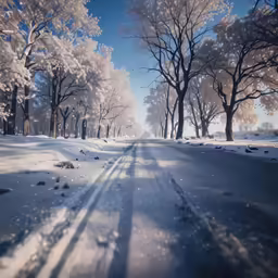 a snowy road near a forest on a sunny day