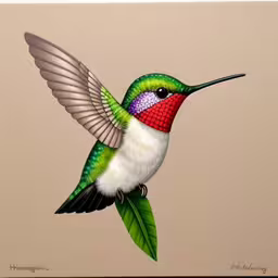 hummingbird painted on a canvas of a humming bird with bright colors,there is a painting of a hummingbird flying
