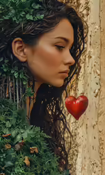 a beautiful woman next to a tree with a heart in her hand