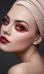 the woman has her eyes closed and has makeup red