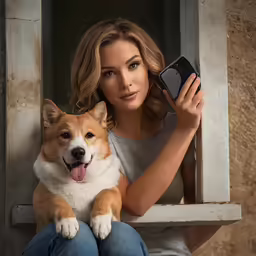 a woman holding a dog and a cell phone