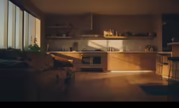 a kitchen with a refrigerator, oven, table and couch in it