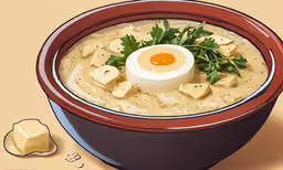 a bowl of soup with a boiled egg on top and green sprigs,an artistic painting of a bowl of soup with diced tofu and parsley