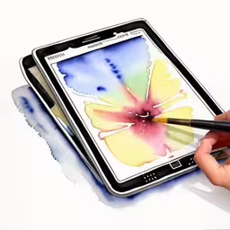 someone is drawing a beautiful flower on the screen of a tablet,a person is using watercolors on the surface of an ipad