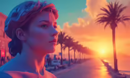 a woman looks down a busy beach area at sunset