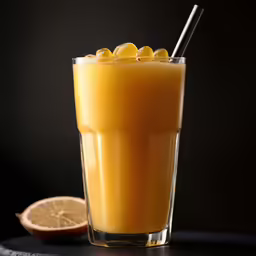 a glass filled with orange juice next to an orange slice