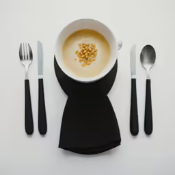 a cup of soup and two spoons in a black napkin
