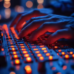 a person typing on a keyboard with glowing buttons