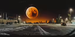 this is a picture of an orange moon and a car