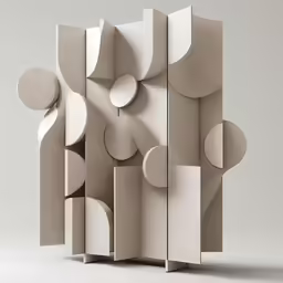 an abstract sculpture with rounded shapes is set against a white background