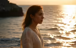 a woman on a beach is looking towards the water