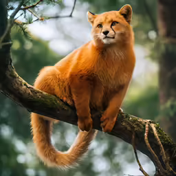 the orange lion is sitting on a tree limb