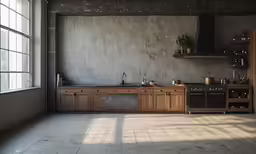 a kitchen has a sink, wooden cabinets and open shelves