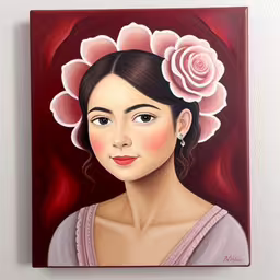 the painting is mounted to the wall near a window,a portrait of a woman with a flower in her hair
