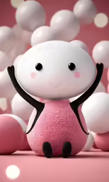 the small toy sits on the floor in front of a lot of balloons