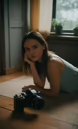a woman laying on the ground near some cameras