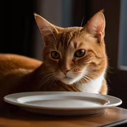 a cat sitting at a table and staring intently
