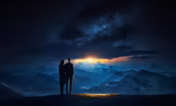 two people standing on top of a mountain looking at the sky