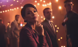 a beautiful woman in front of a bunch of men