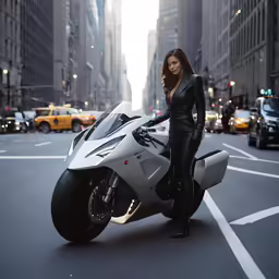a girl dressed up with a motorcycle in the middle of the street
