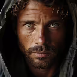 a close up of a man with a hooded jacket,an old photo of a man with blue eyes