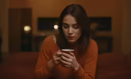 a woman is holding a cup of coffee