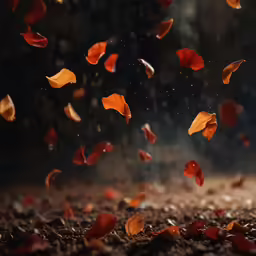 red and orange leaves being blown down by the wind