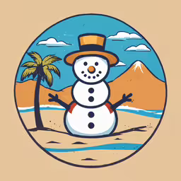 the smiling snowman is on the beach,snow man with hat and palm tree standing on the beach