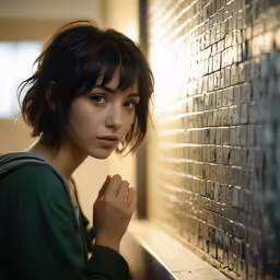 a woman leaning against a brick wall looking into the camera