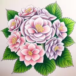 an artistic drawing of beautiful pink and purple flowers,a bunch of flowers with green leaves around