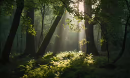 sunlightbeams shine in a wooded area at dusk