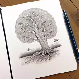 a drawing of a tree with roots and birds,a drawing of a tree sitting on top of a table,a drawing of a tree with a branch on it,the white paper with pencils and a drawing of a tree,a pencil drawing of a tree that is on paper