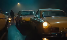 a person in a black suit walks past cars