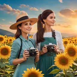 two young women dressed in green holding camera