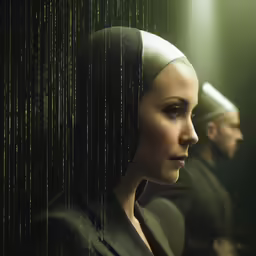 the man is standing in front of the woman behind a curtain