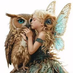 a young girl in a dress with wings hugging an owl