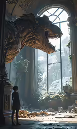 a person stands in a room with large windows and an enormous dinosaur statue