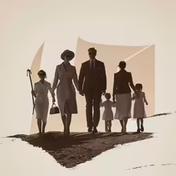a large group of people walking down the sand on a beach