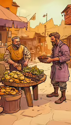 a man and woman are standing outside selling food
