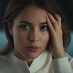 a woman has her hand on her head and is looking to the side