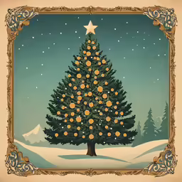 a christmas tree with oranges in a snowy landscape