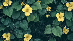 bright yellow flowers with green leaves against the dark foliage