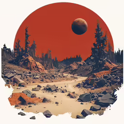 a red and black painting of a desert with mountains