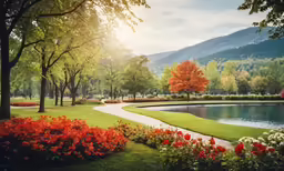 a beautiful park with a pond, flowers and a forest