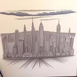 an artistic drawing with the skyline in a landscape,a drawing of a city on a white board