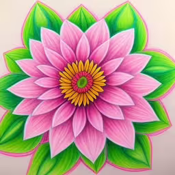 there is a picture of a painted flower on the wall,a large pink flower with leaves on a white background