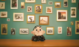 a little white and black figurine on a table with many pictures