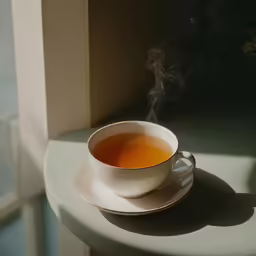 the cup of tea is on a saucer near a window