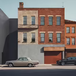 three cars are parked next to each other in front of two building