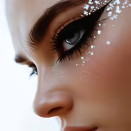 woman with glitter on her face looking into the distance